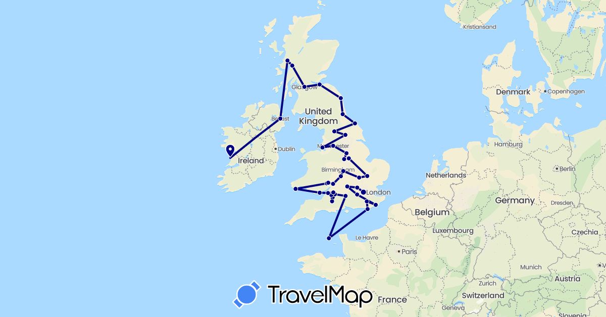 TravelMap itinerary: driving in United Kingdom, Guernsey, Ireland (Europe)